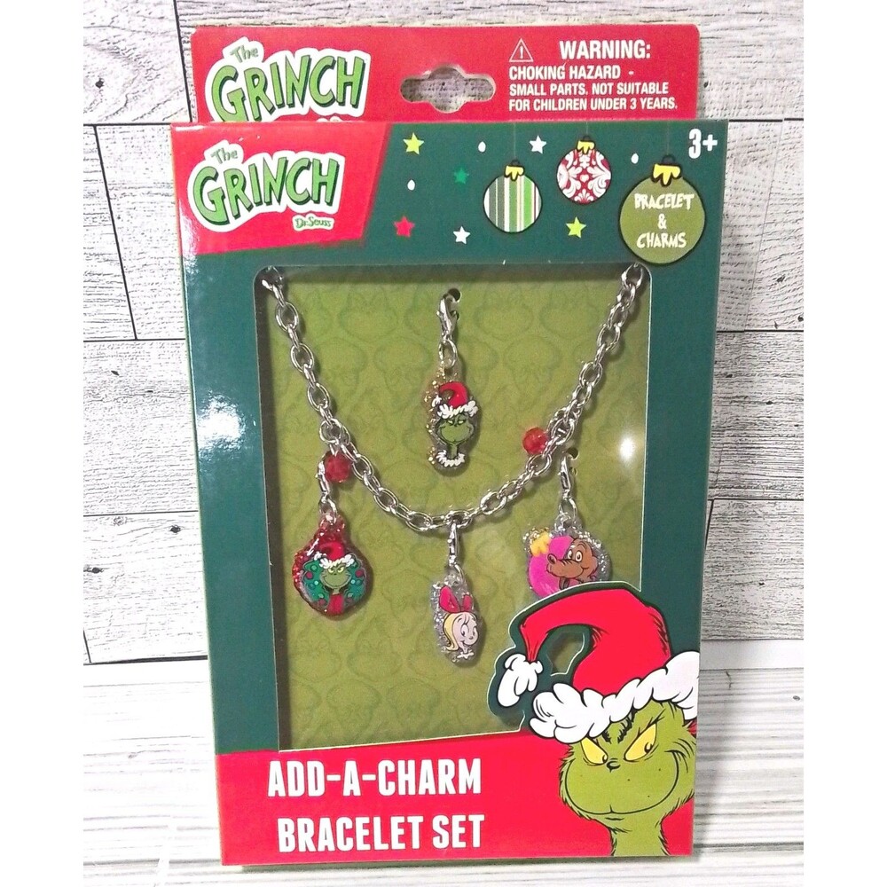 Dr. Seuss Grinch Silver Metal Cable Chain Charm Bracelet Set w/ 4 Dangle Charms